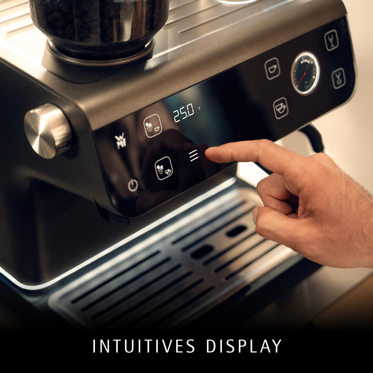 WMF Espresso Pro Siebträgermaschine, halbautomatische Espressomaschine mit Mahlwerk, 15 bar Druck, integrierte Waage, Doppel-Thermoblock Technologie, schnelles Erhitzen, Steingrau