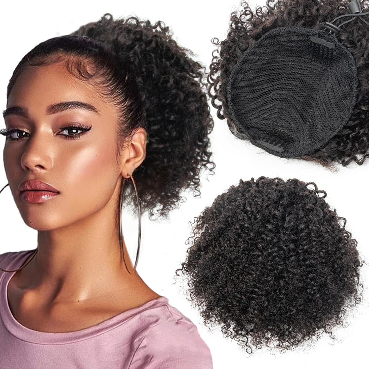 View 1 of isheeny Human Hair Drawstring Ponytail Natural Black Curly 10 Inch
