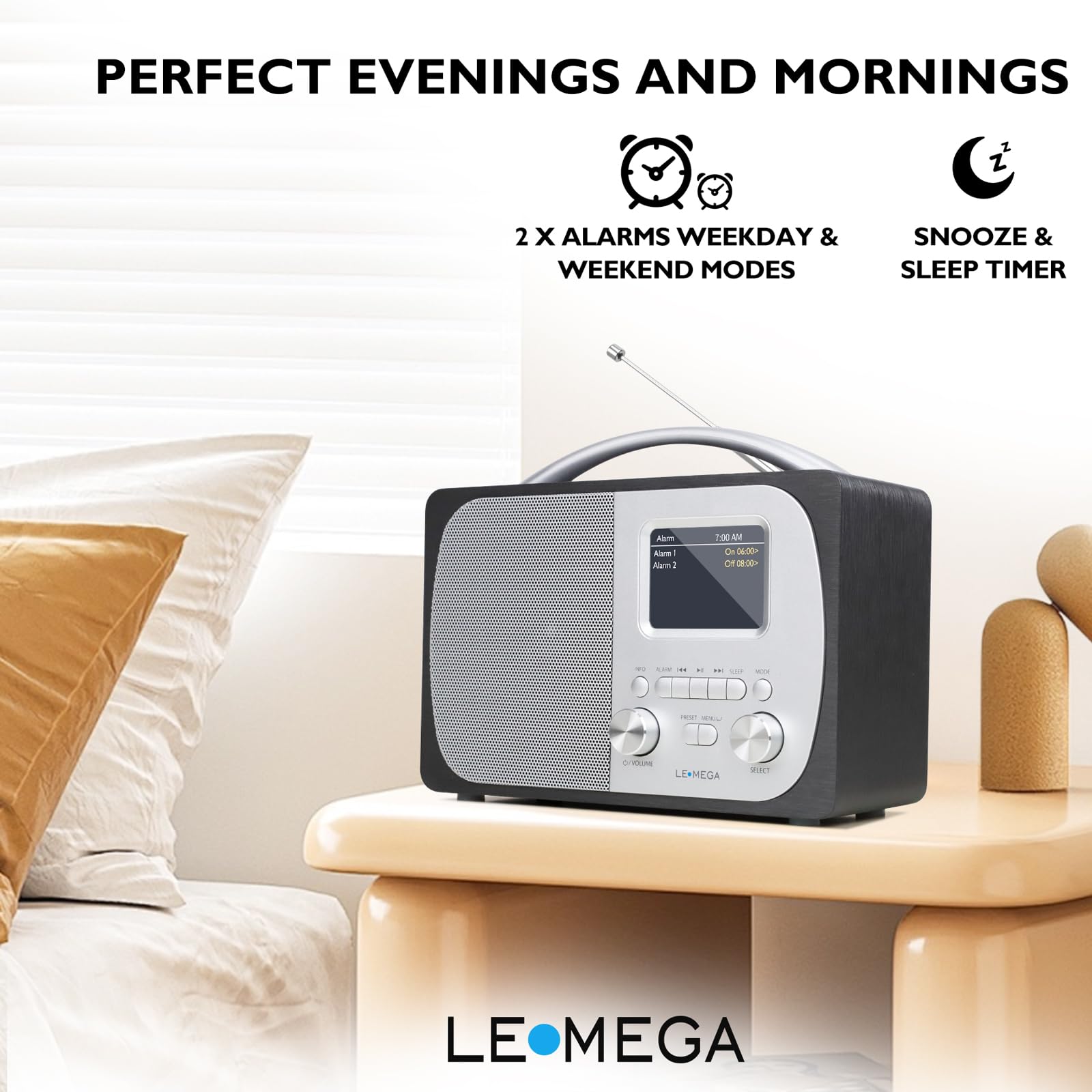 LEMEGA DR5 Radio Numérique DAB/DAB+ Bluetooth Réveil FM Secteur Piles Compacte Bois Métal Brossé