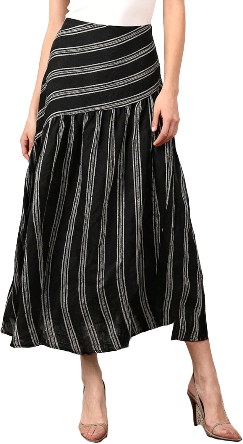 Amazhiyu Women's 100% Linen Stripe Summer A-Line Midi Skirt Elastic Waist