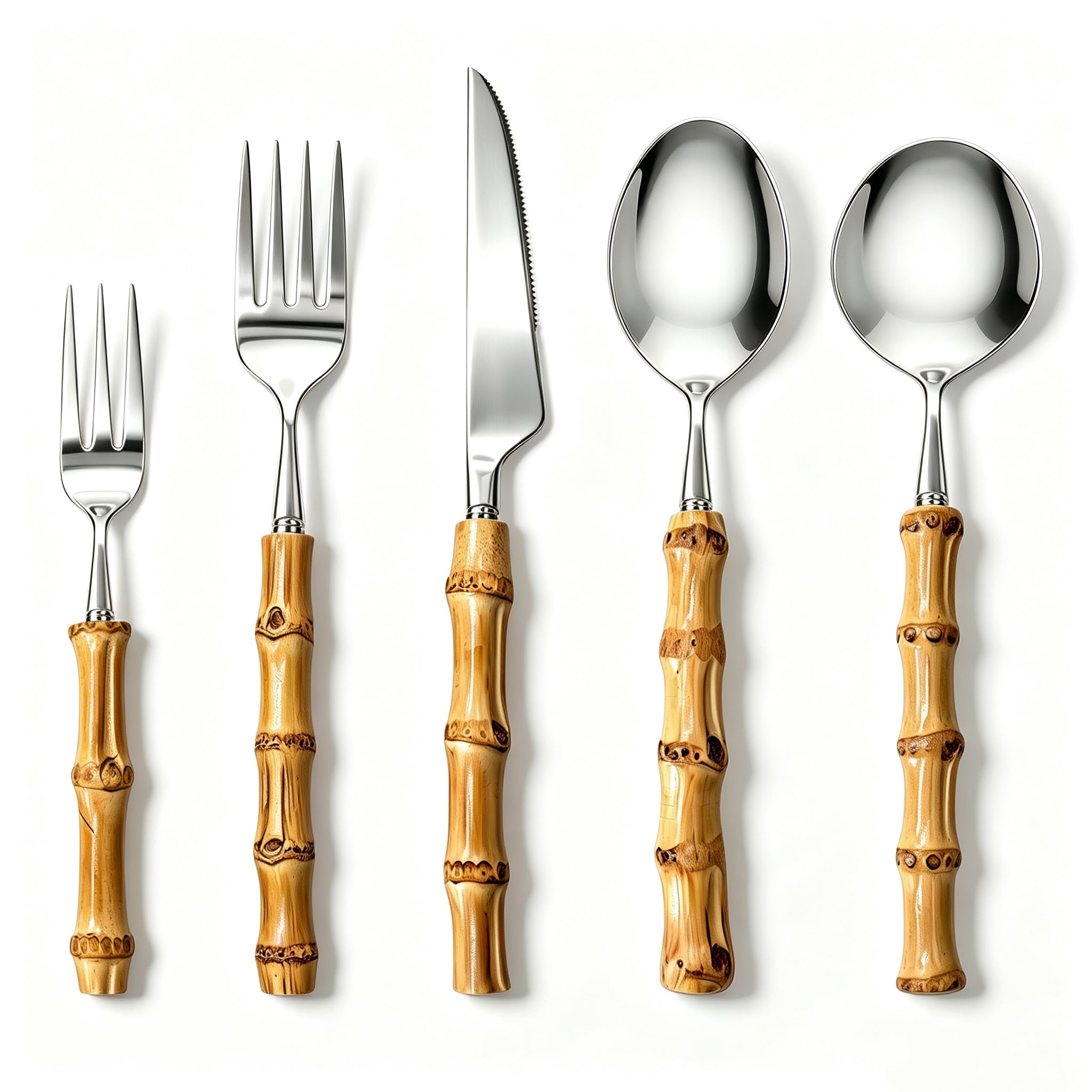 20-Piece Bamboo Handle Silverware Set for 4, 18/8 Stainless Steel Flatware Includes Knives, Forks and Spoons, Rust-Resistant Reusable Cutlery for Kitchen, Dining and Camping