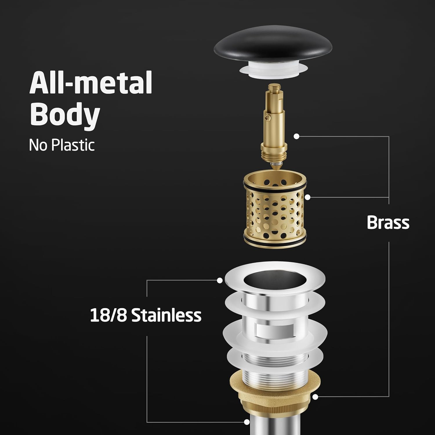 Ceramic Cap Sink Drain Strainer with Overflow, KES Black Bathroom Solid Sink Drain Stopper Pop Up Drains with Strainer Basket Ceramic Cap All-Metal Body Matte Black, S2018A-CB