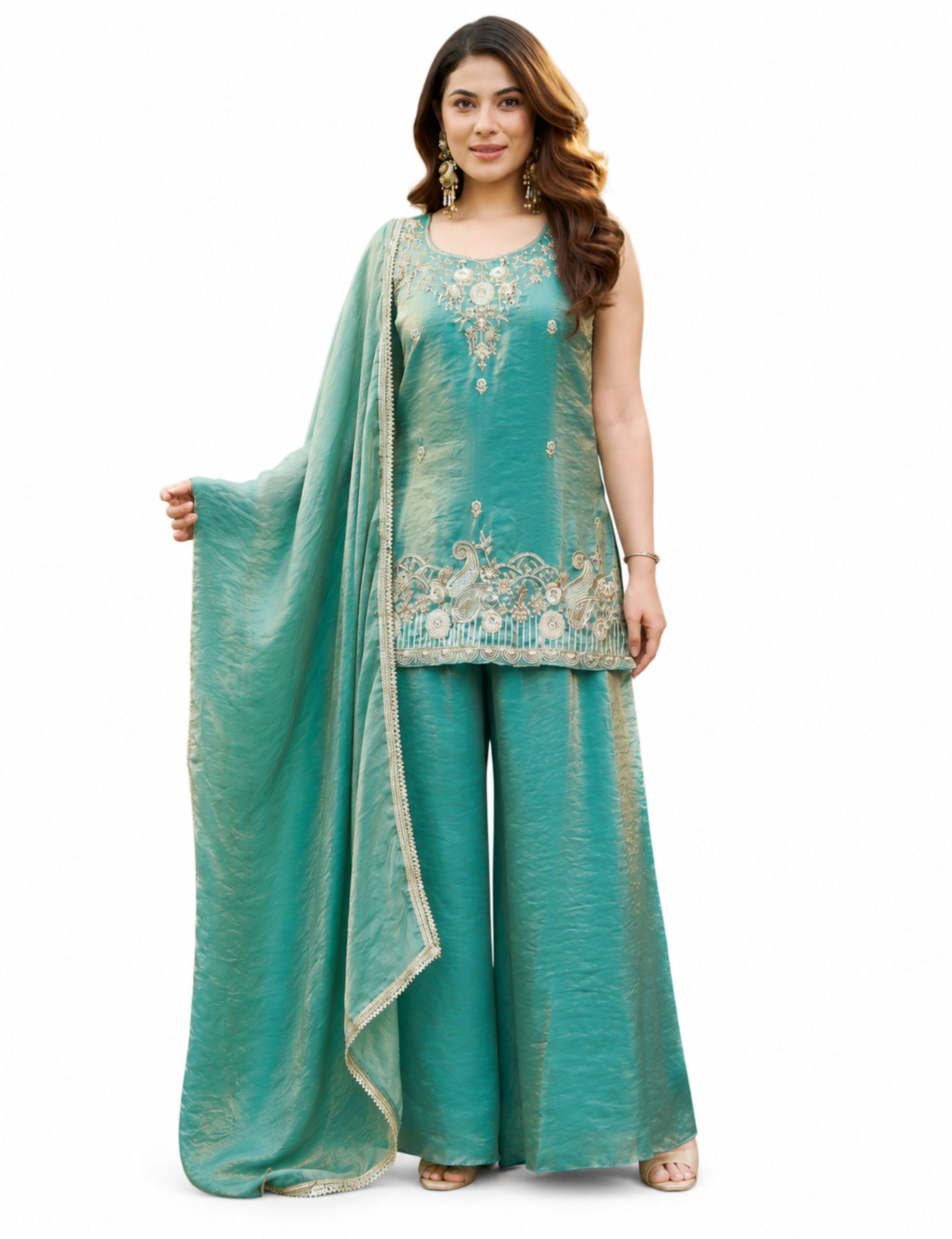 Women’s Floral Embroidered Short Kurti with Wide-Leg Palazzo Pants Set | Ethnic, Traditional Suit Set & Co-ord Outfit | Wedding & Party Outfit-image-47