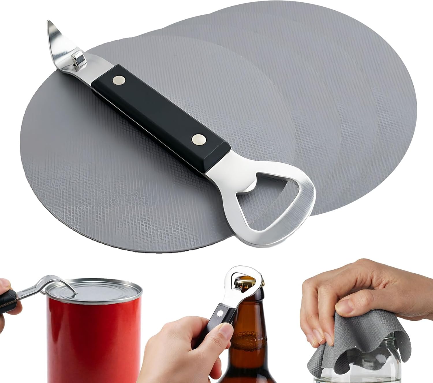 Jar Opener and Gripper Set for Seniors, Weak Hands & Tight Jars | 2-in-1 can opener & bottle opener + 4 non-slip grippers, extra grip for tight jars, multipurpose kitchen tool, easy to use