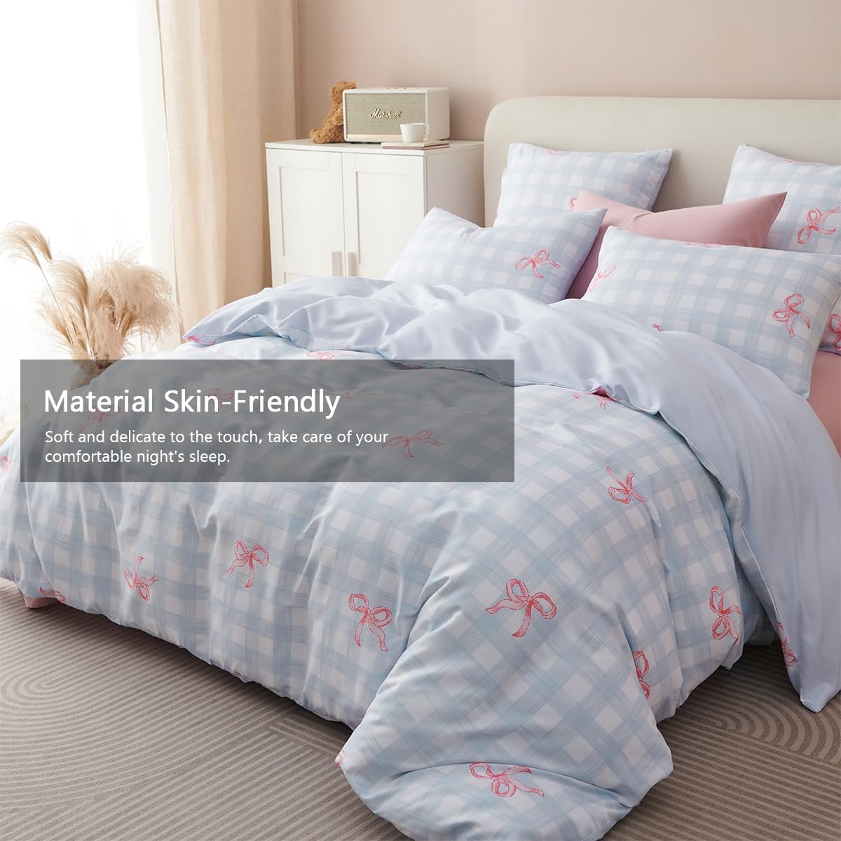 Girls Duvet Cover Set Queen Size Pink Bowknot and Blue Gingham Printed Design,Cozy Bedding Set 3pcs Simple and Elegant Style,Microfiber Comforter Cover with Zipper Closure and 2 Pillowcases - Image 8