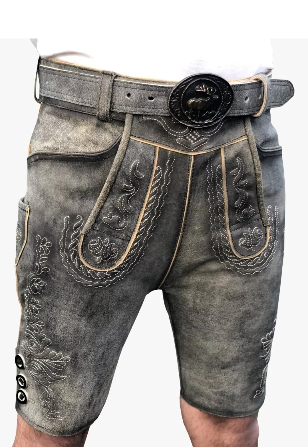 Trachten Lederhose Kurze Herren Lederhose Oktoberfest Lederhose mit Gürtel, Antik Smoke 46-58