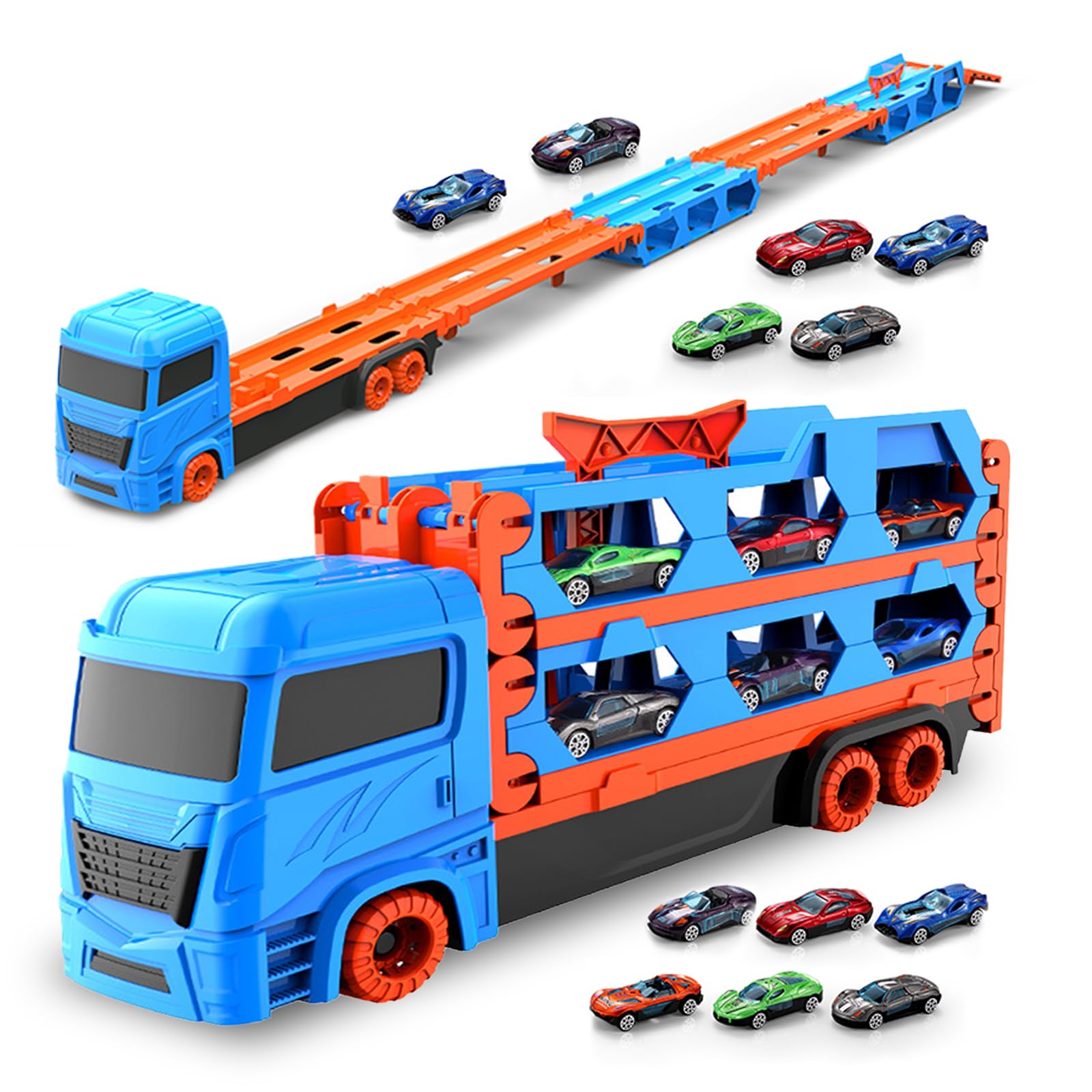 MR.HOKWY Transporter Truck Toy with Cars - Portable Race Track Truck Toy Car with 6 Race Cars, 2 Ejection Race Track, Best Gift Carrier Truck Vehicles Toys Set for Boys Ages 3 4 5 6