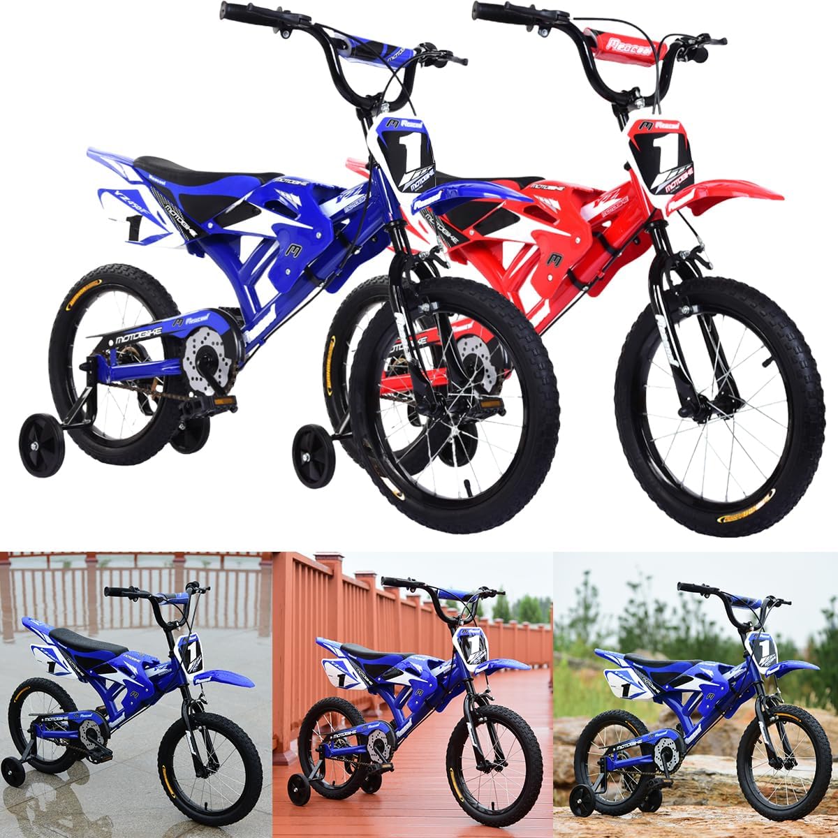 LSLIFE Kids Bike 16 18 Inch Boys Motorcycle Bike Kids Motorbike for 3-9 Years Old Boys Girls Motor Shaped bike with Simulated Motorbike Sound Removable Stabilisers Wheels
