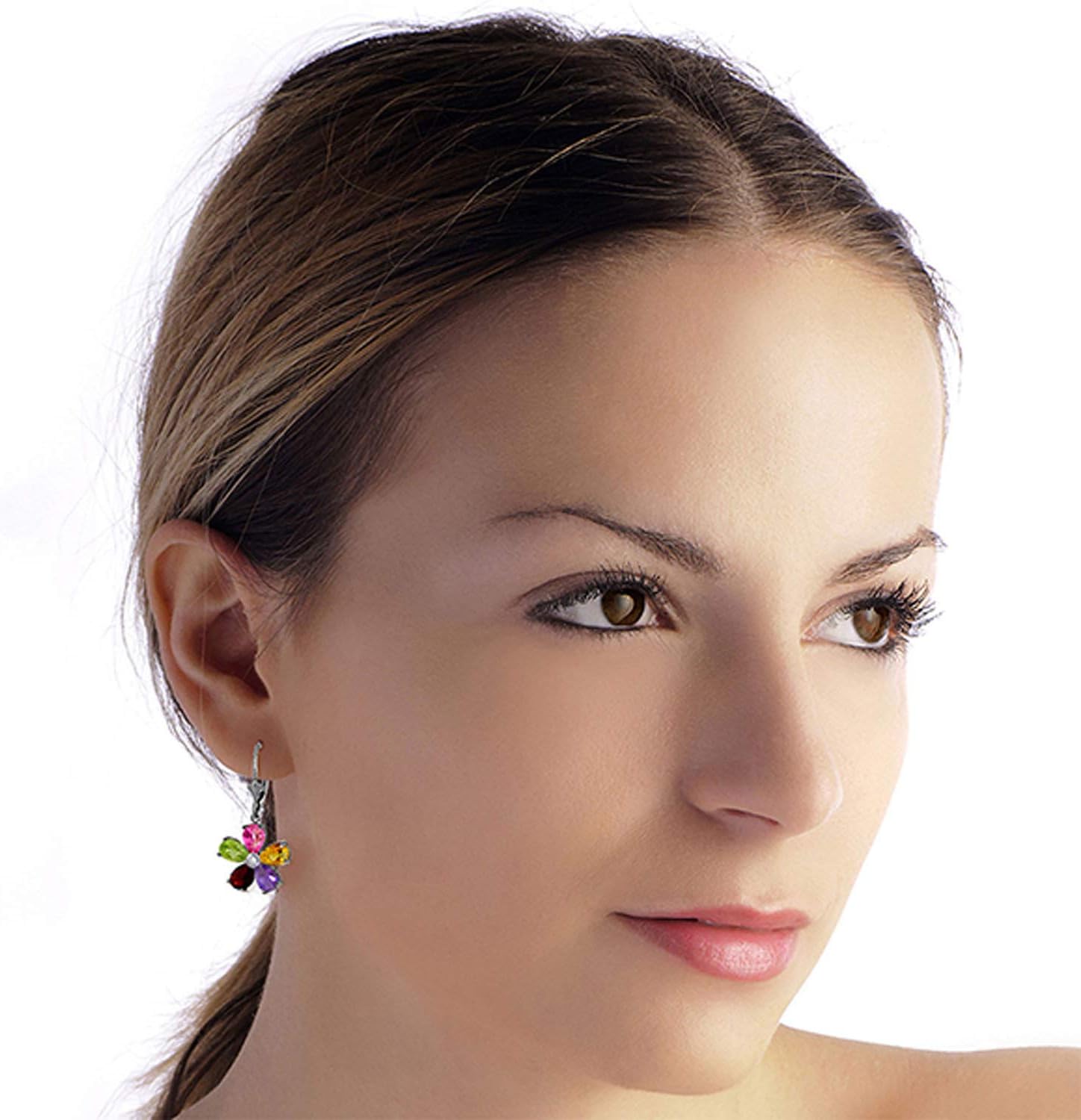 Galaxy Gold GG 14k White Gold Leverback Flower Earrings with Multi-Gemstones - Image 2