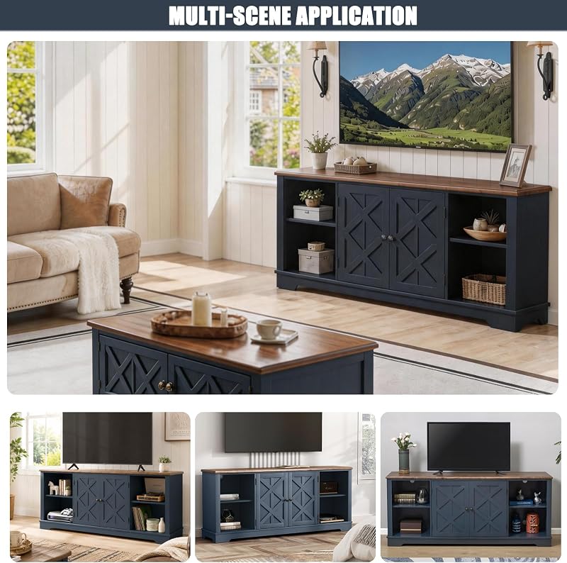 LIVILAND 70 Inch Navy TV Stand, Farmhouse Rustic Media Console with Storage image 6