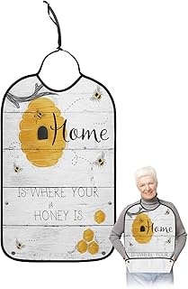 BOBOWUNY Summer Honey Bee Adult Bibs for Elder Women Men Eating, Home is Where Your Honey is Waterproof & Washable Bibs for Eating Clothing Protector Dining Bibs for Crumb Catcher