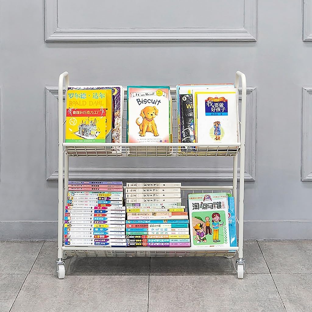 Rolling Book Cart, Moveable Bookshelf Organizer, Metal Shelving Book Carts with Wheels, Multifunctional Storage Trolley Bookcases for Office, Classroom, Library,3 Floor,2floor