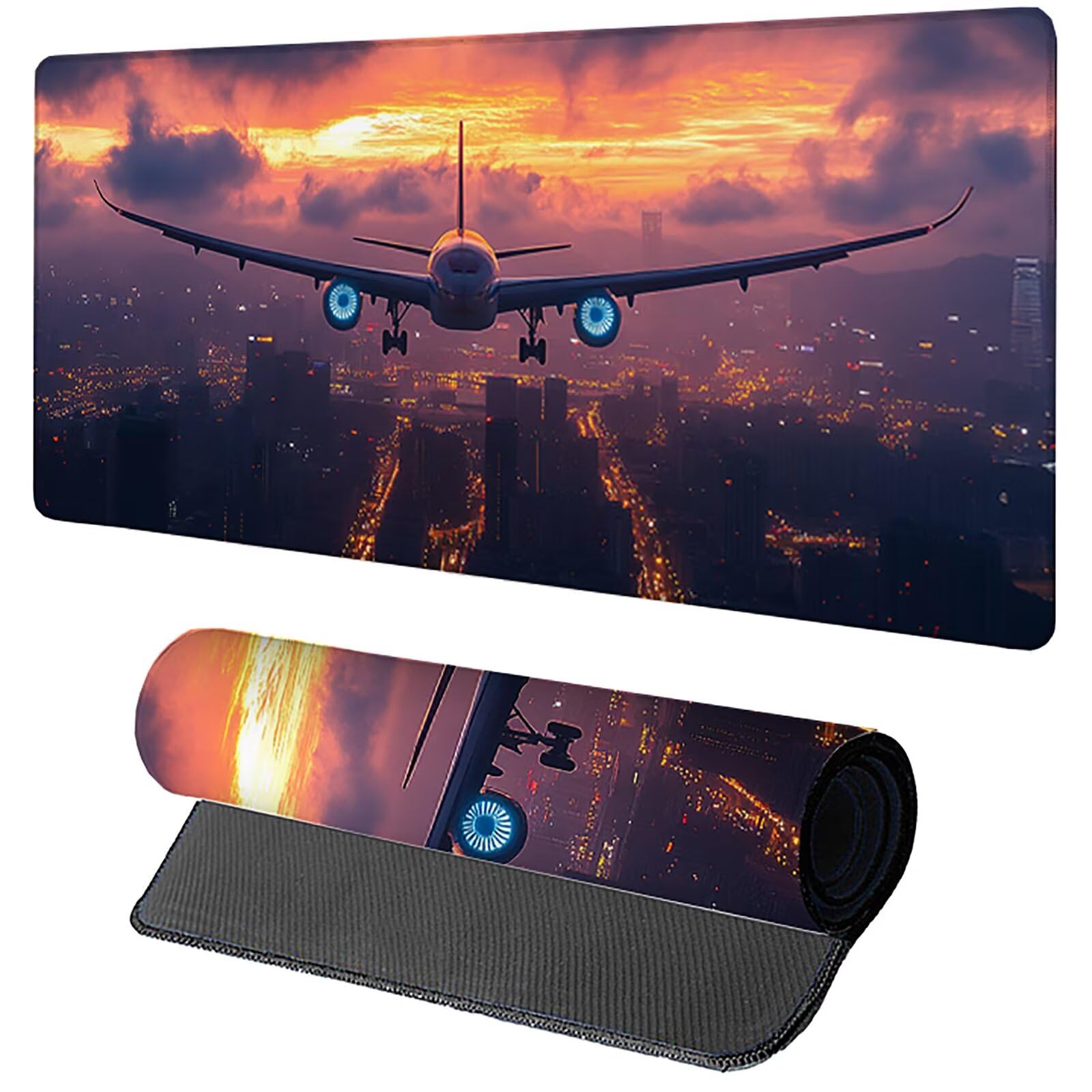 Tappetino Mouse XXL Aereo, Tappetino Scrivania Grande 1600x800x3mm Tramonto, Mouse Pad con Base in Gomma Antiscivolo, Accessori Gaming, Sottomano Scrivania con Bordi Cuciti, per PC, Laptop 6-9468