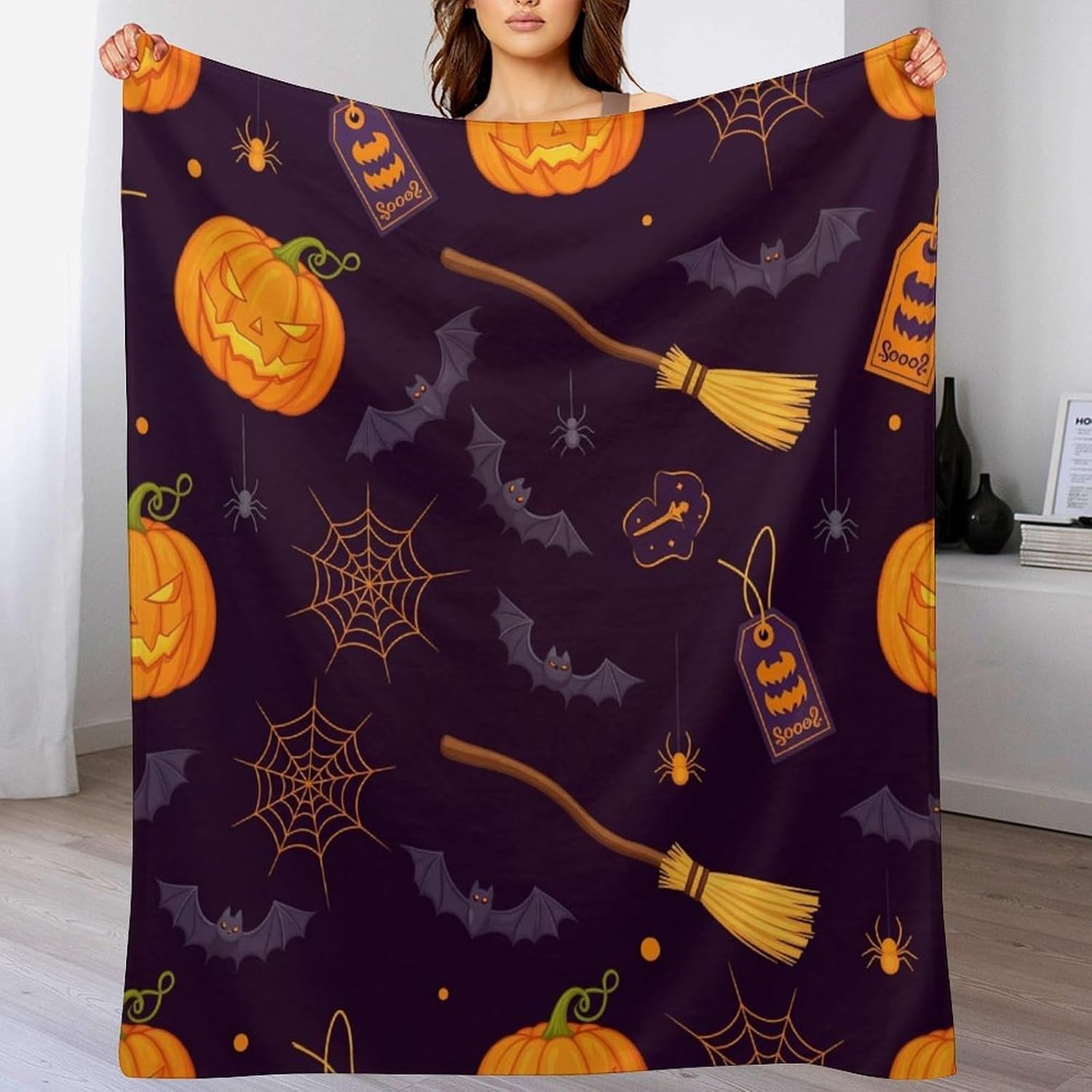 Throw Blanket Halloween Pumpkins Spiders Blankets Soft Warm Cozy Flannel Blankets for Couch Sofa Bed Livingroom Travel Home Decor 50"x60"