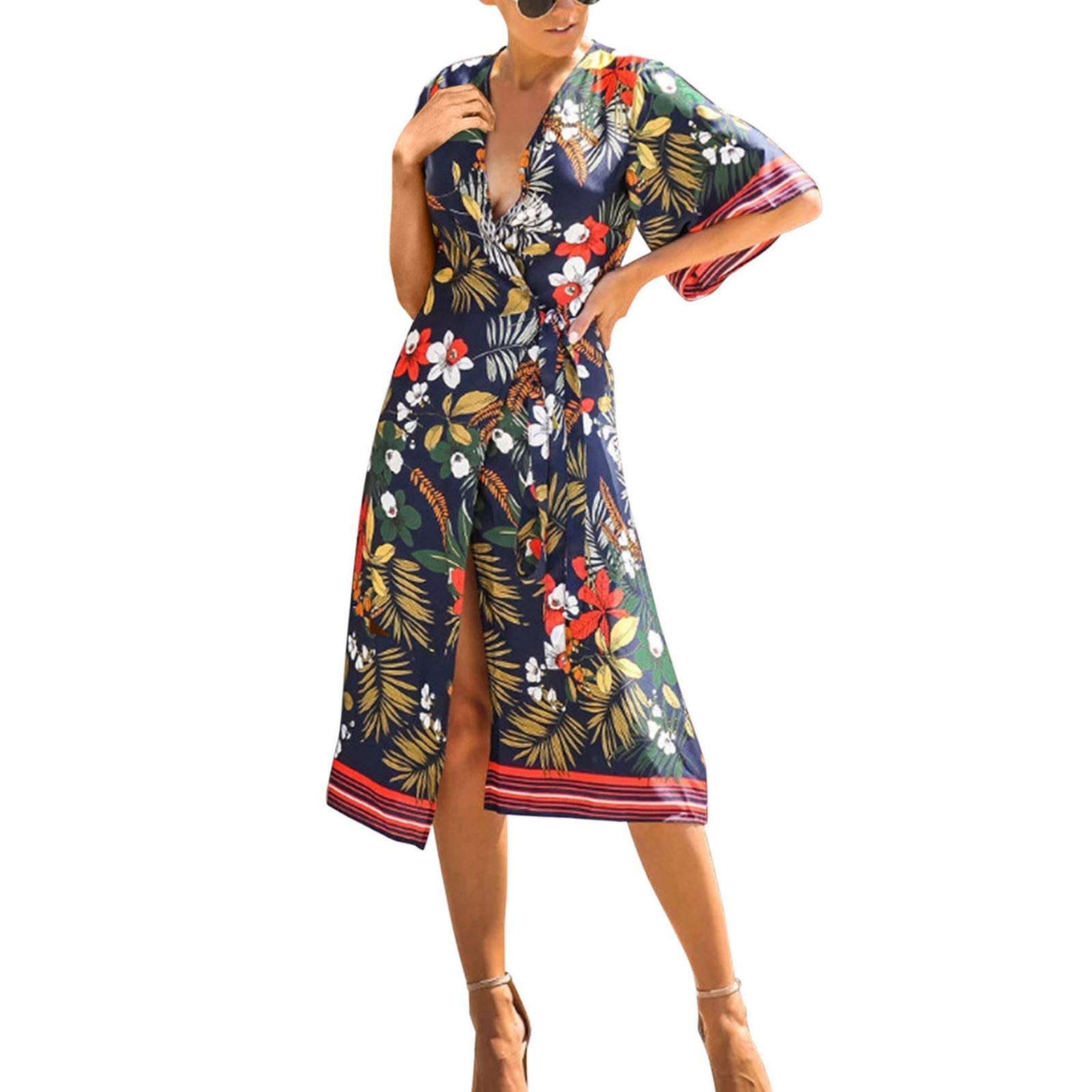 Flower Print Dress for Women Loose Holiday Casual Dresses Belted Deep V Neck Short Sleeve Dress Front Split Midi Dress