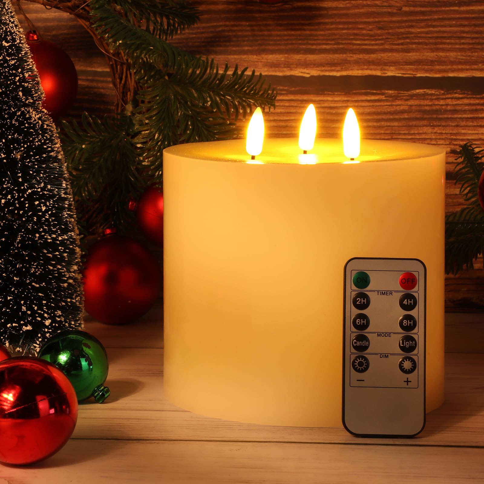 Retisee 1 Pc 6'' x 6'' Extra Large Flameless Candles LED Battery Operated Real Wax Christmas 3 Wicks Flickering Pillar Candle with Remote Control Timer for Home Wedding Xmas Party Decor