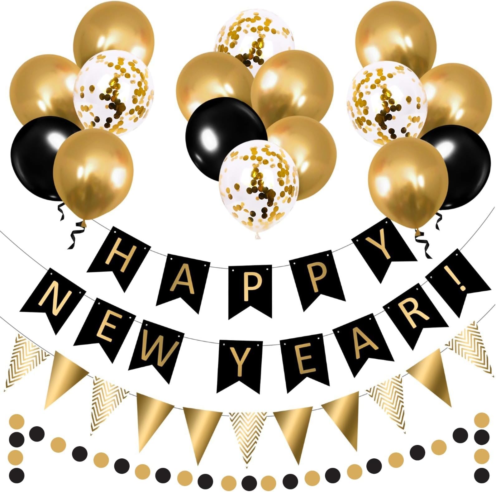 New Years Eve Decorations 2026 - Black and Gold Happy New Year Party Decoration Accessories with Happy New Year Banner, Gold Bunting, Circle Garland, Metallic Balloons and Black Balloons