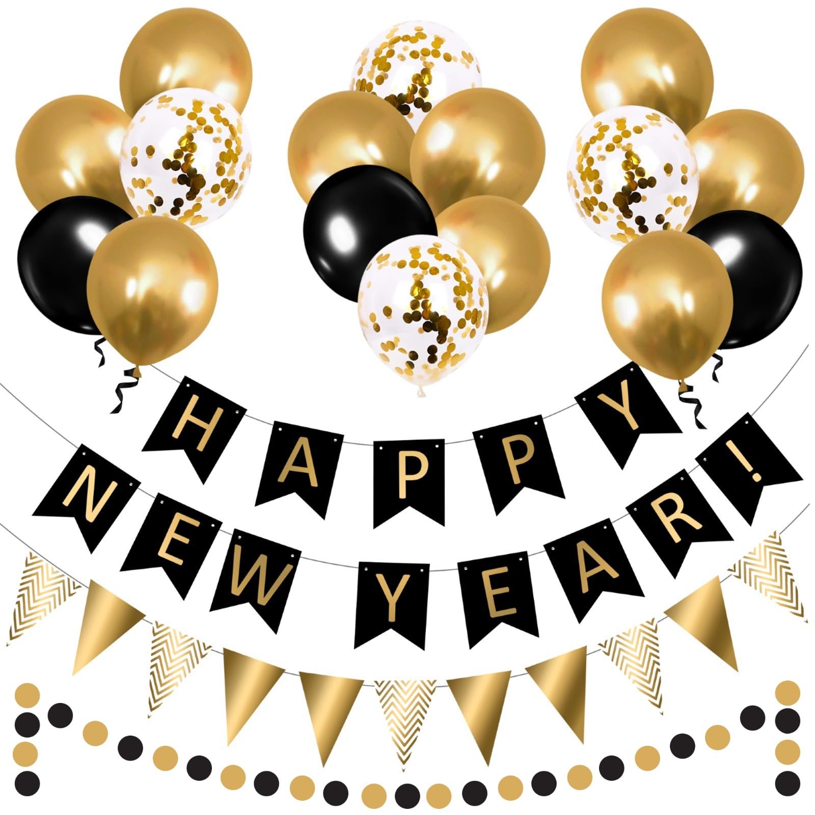 New Years Eve Decorations 2026 - Black and Gold Happy New Year Party Decoration Accessories with Happy New Year Banner, Gold Bunting, Circle Garland, Metallic Balloons and Black Balloons