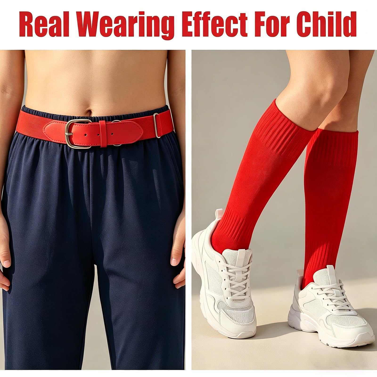 VASANA Baseball-Socken und Gürtel, verstellbar, Softball-Socken, elastisches Polyurethan-Leder, Hüftgürtel, Sport-Zubehör für Unisex-Jugendliche (geeignet für Schuhgrößen 26–34 EU/18–22 cm), rot, S