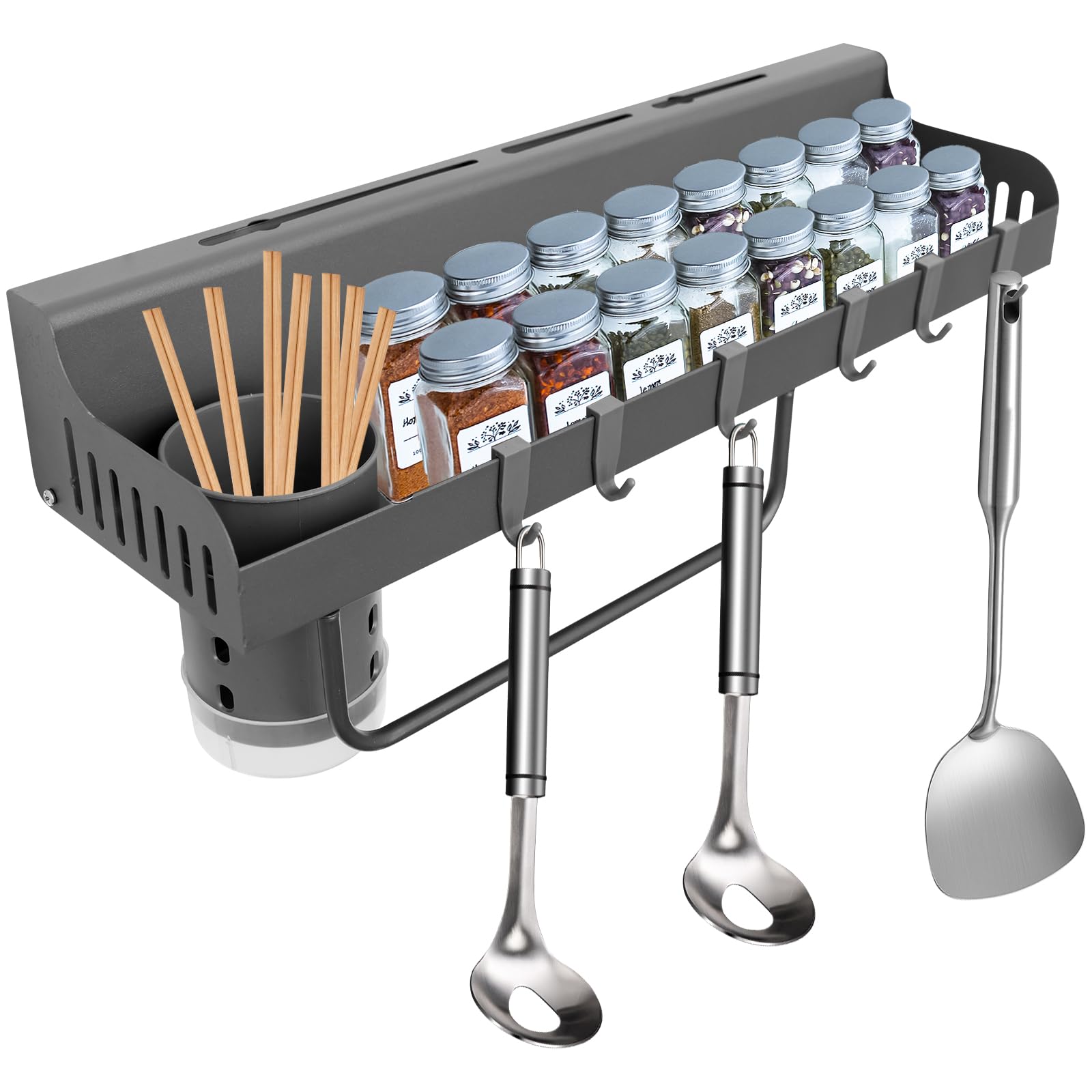 Spice Rack Wall Mounted, Carbon Steel Spice Rack with Utensils Holder and Drip Tray Kitchen Wall Shelf Utensil Rack Cutlery Holder Organiser Spice Racks Organiser for Spice Jars and Seasoning Bottles