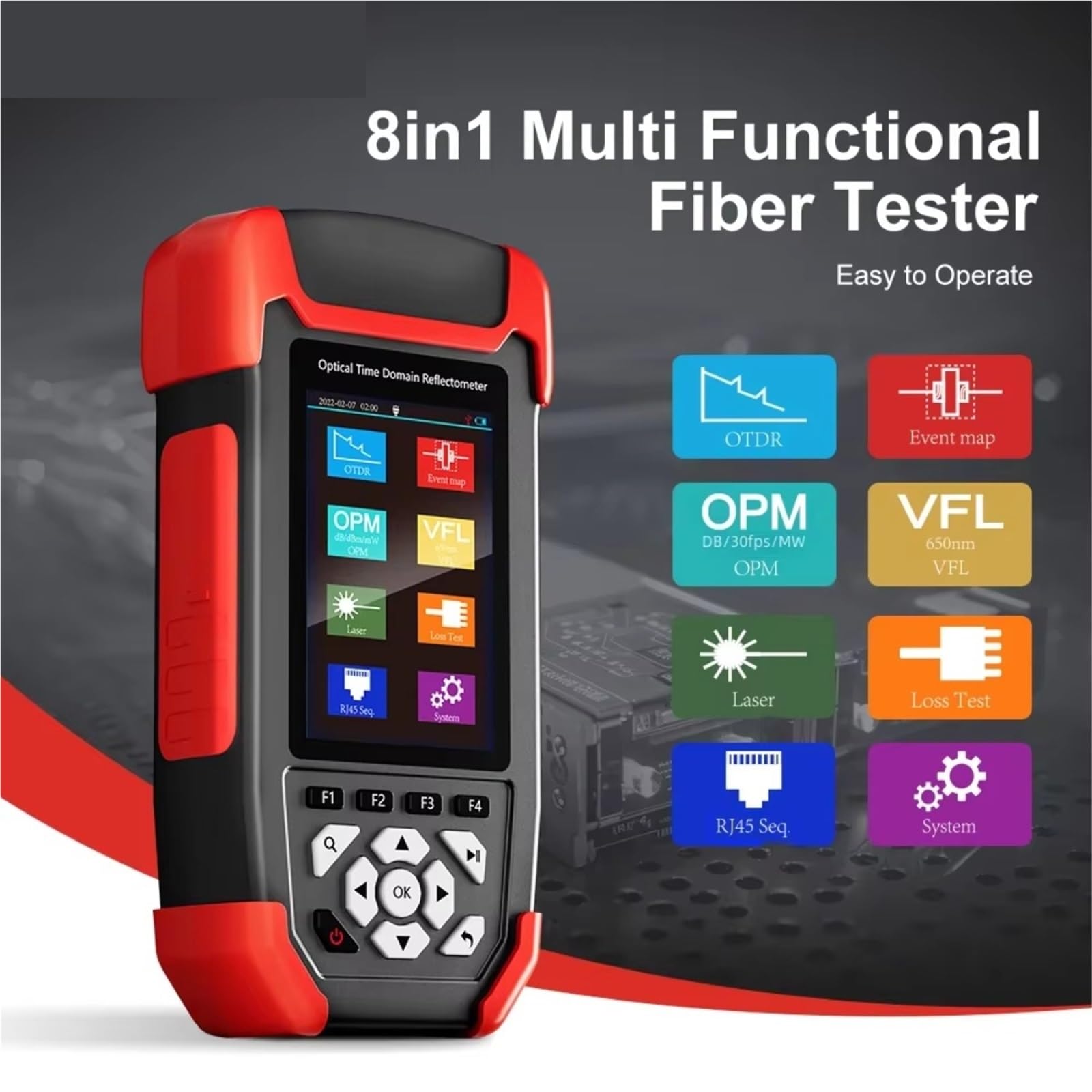 Probador de fibra óptica, Detector de fallos fibra óptica OTDR, medidor potencia for OPM, VFL, OLS, mapa eventos, comprobador cable Ethernet 10 m a 60 km