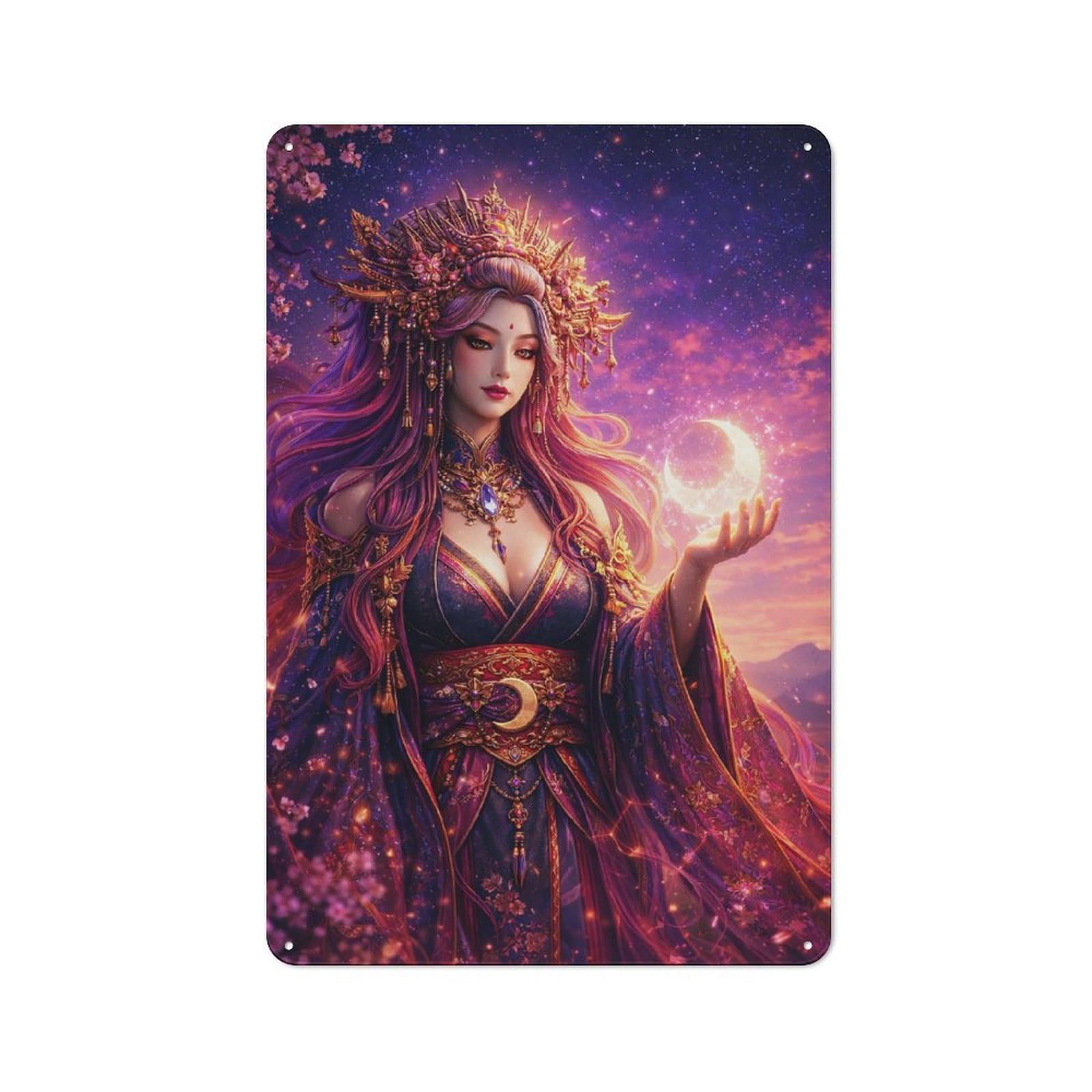 Junmoney Style-22 Old Fashioned Celestial Woman In Sakura Twilight Decorative Tin Sign 30X20cm, Nostalgic Wall Art For Bedroom, Office, Home Bar Or Dining Room