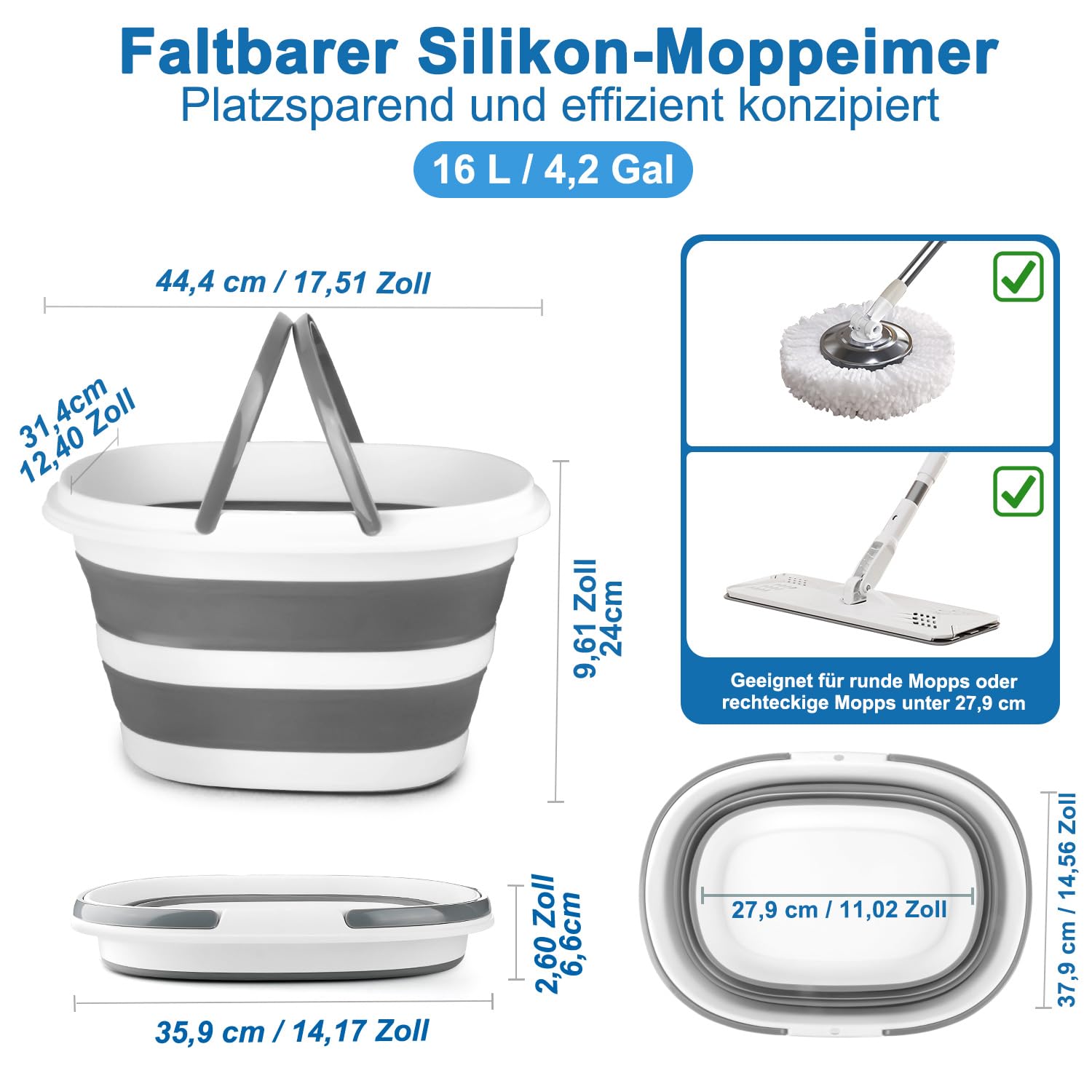 Wäschekorb faltbar mit Griff, 16 L Silikon-Falteimer, Faltbarer Eimer zusammenklappbar, Putzeimer zur Fensterreinigung, Waschschüssel für Auto, Camping, Garten, Haushalt und Wohnmobil