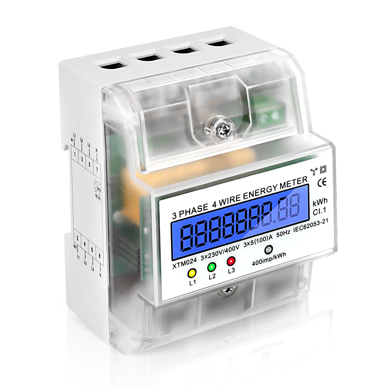 Compteur Electrique Triphasé Numérique Compteur D'Energie Electrique Courant Triphasé 4 Fils Compteurs à Rail Din Compteur Électrique Calibré Affichage LCD 3X230/400V, 3X5(100) A, 400imp/Kwh