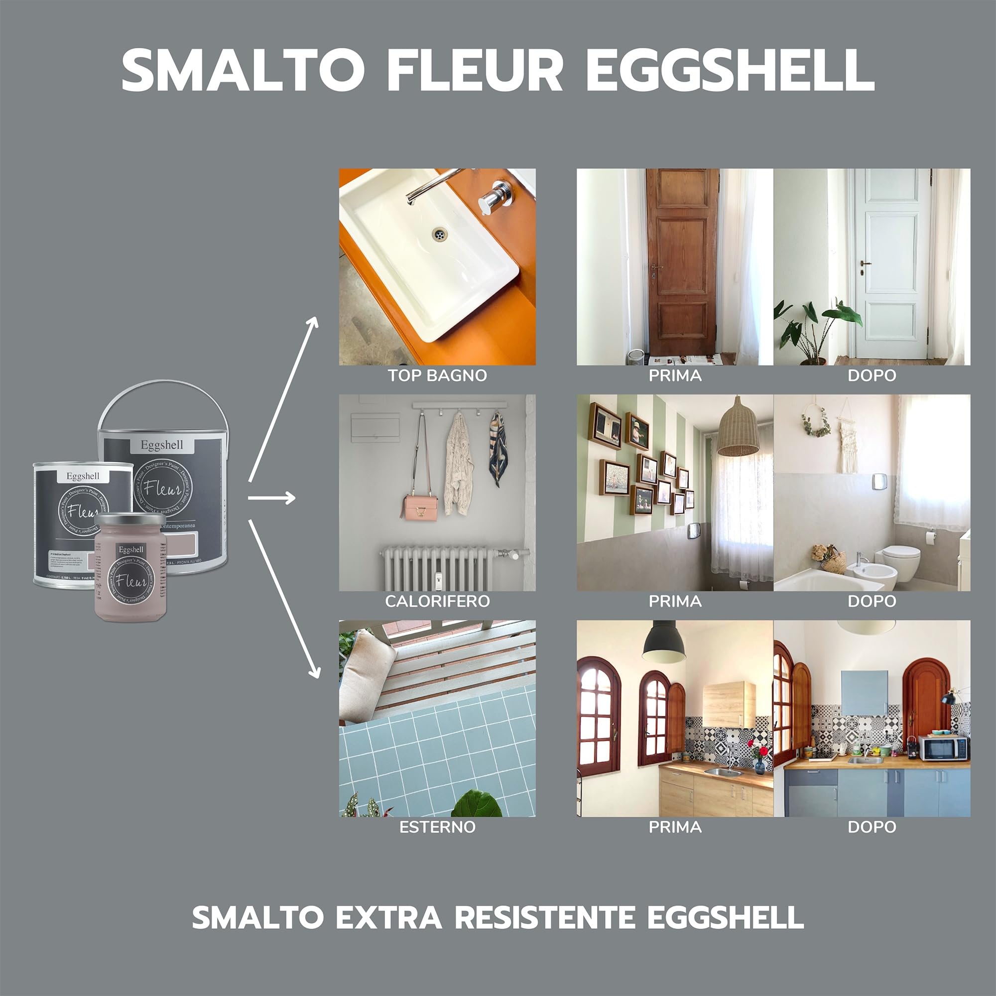 FLEUR DESIGNER'S PAINT | EGGSHELL Smalto Multisuperficie Satinato, Senza Carteggiare, 750 ml, F61 All About Grey, a Base Acqua, Lavabile, Altissima Resistenza, Interno - Esterno, Pareti - Mobili