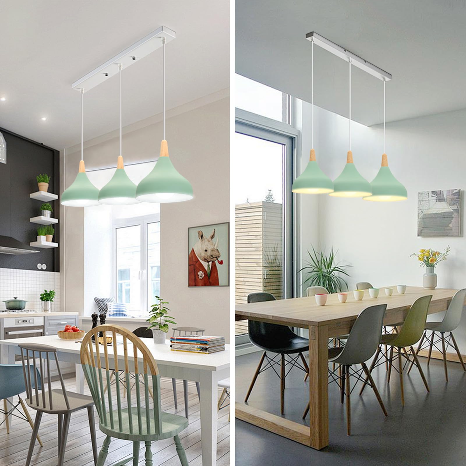 Lampadario A Sospensione retrò A 3 Luci, Stile Moderno E27, Plafoniera in Metallo E Legno per Camera da Letto, Cucina E Arredamento Casa (Giallo Chiaro, Rotondo, 20 Cm) Green Rectangle