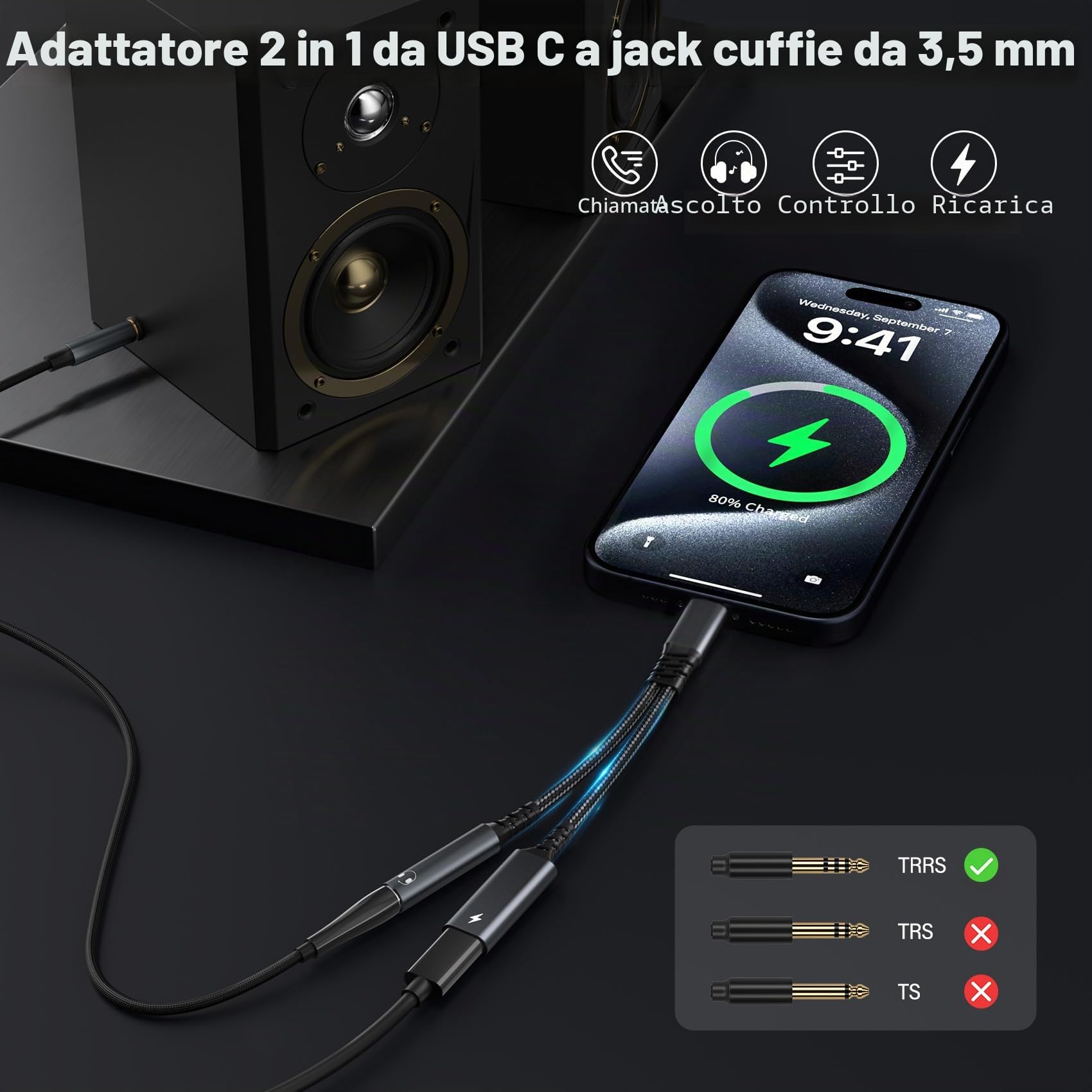 Adattatore e Ricarica per Cuffie USB C, 2 in 1 Jack da 3,5 mm USB C PD 60W Ricarica Rapida per Auricolari Splitter C ompatibile con iPhone 15/Pro/Max, Samsung S24/S23, Hua wei usw