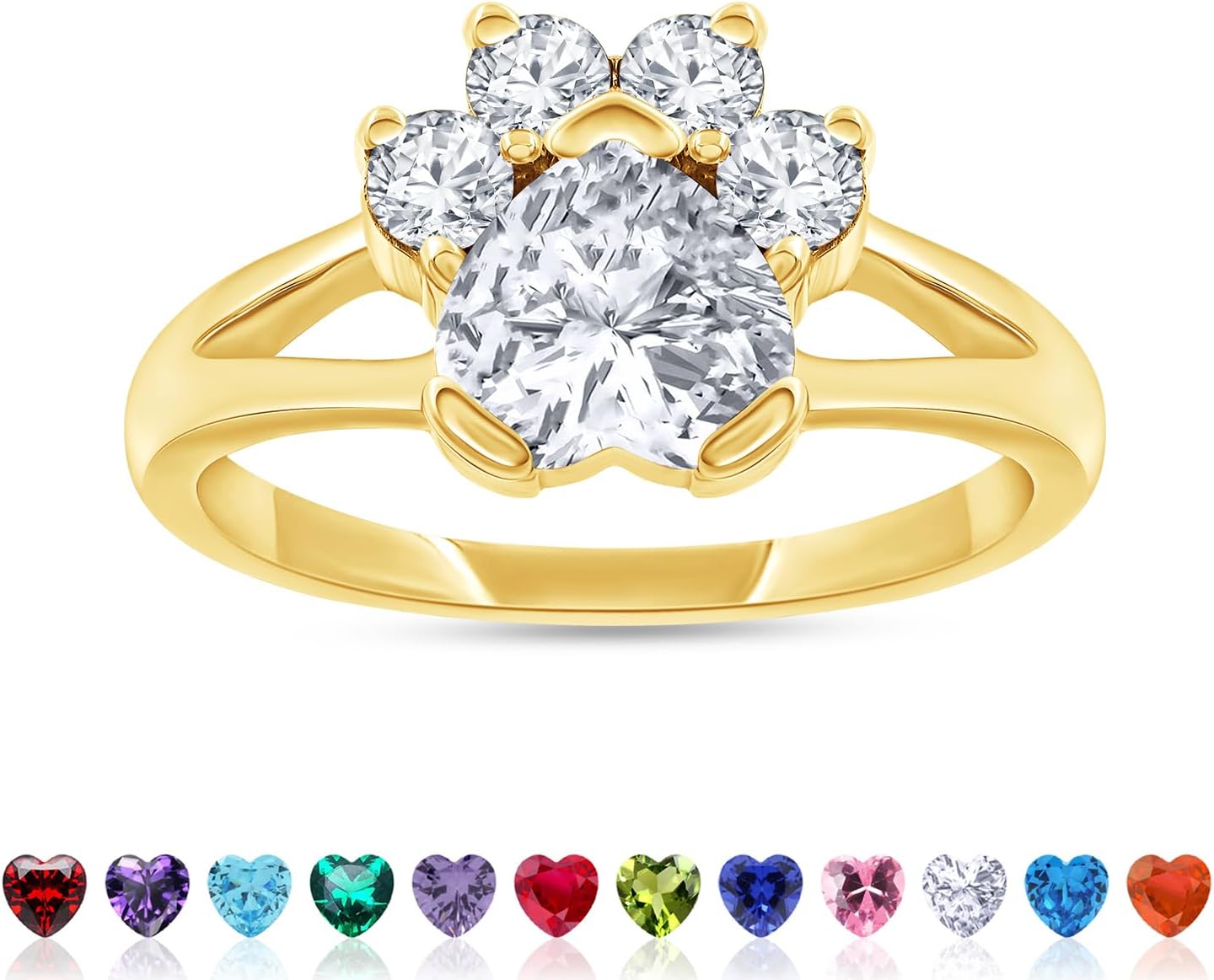 Heart & Round Cut Simulated Birthstone Paw Print Ring Jewelry For Women In 14K Gold Plated Sterling Silver