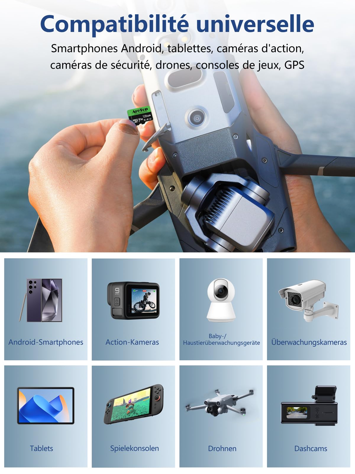 Aretop Scheda Micro SD da 128 GB, 2 pezzi, con 2 adattatori MicroSDXC, UHS-I U3 V30 A1, registrazione video Full HD Micro SD Memory Card per fotocamera/smartphone/drone/Dash Cam