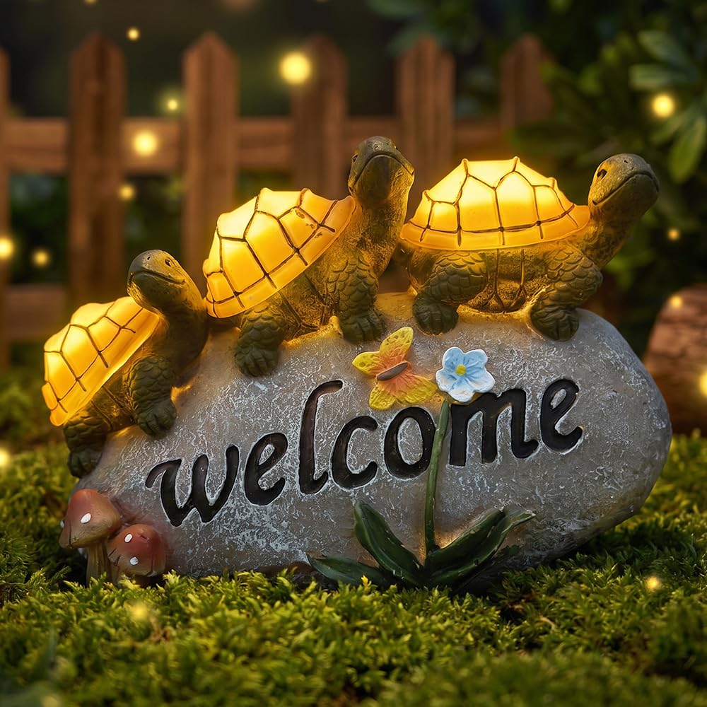 Shildkröte Deko Solar, Solar Gartenfigur Schildkröte, Gartenfiguren für Draußen Wetterfest mit 3 LED Lichtern für Mama/Frauen, Balkon Teich Terrasse Deko