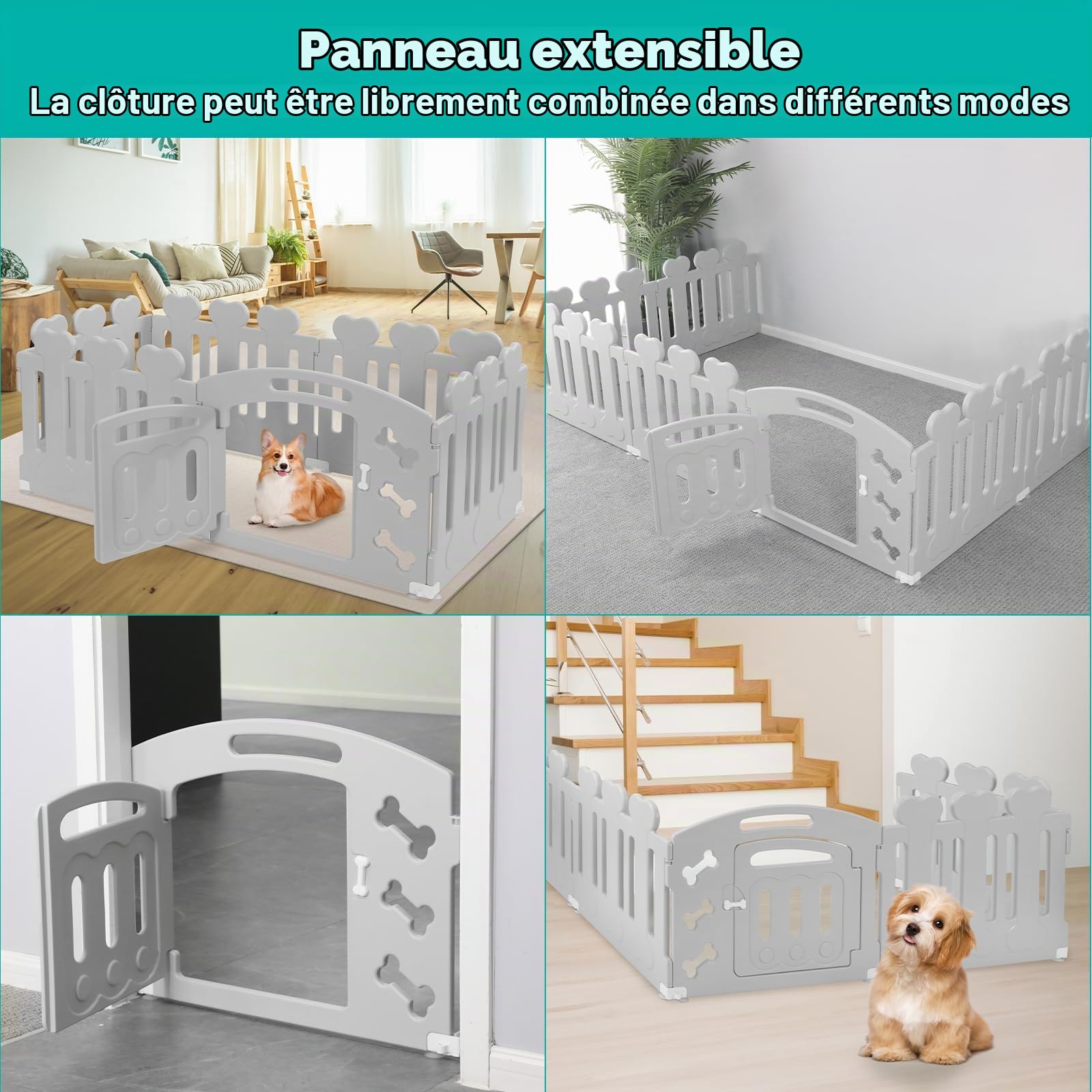 MAMIZO Parc pour Chien 60 cm Haut, Plastique Parc Chien 7+1 PCS Panneaux, Parc Chiot Pliable avec Portail, avec ventouses et ancrages au Sol, Enclos pour Chat et Lapin Interieur Extérieur, Gris | Parc Chiot Pliable avec Portail, avec ventouses et ancrages