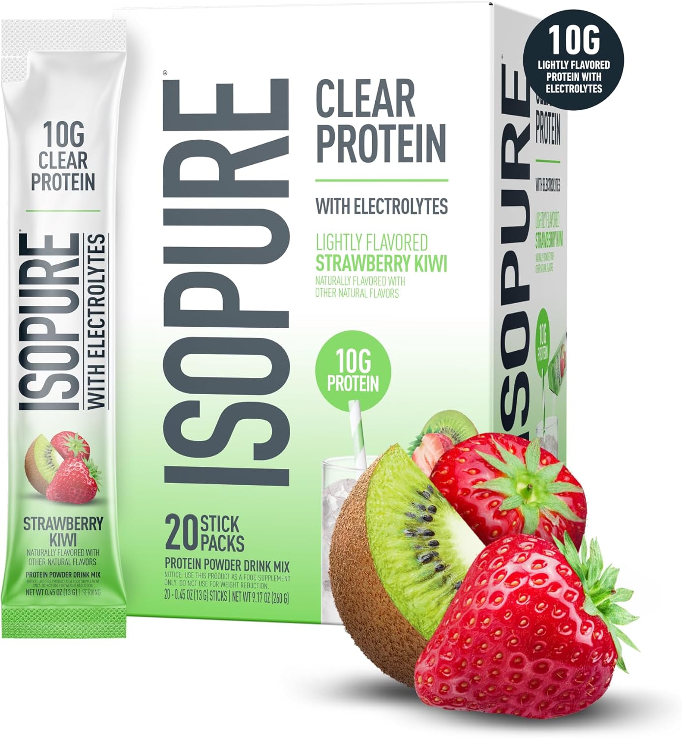 Isopure Clear Protein Stick Pack, Strawberry Kiwi, 20 Count (Pack of 1)