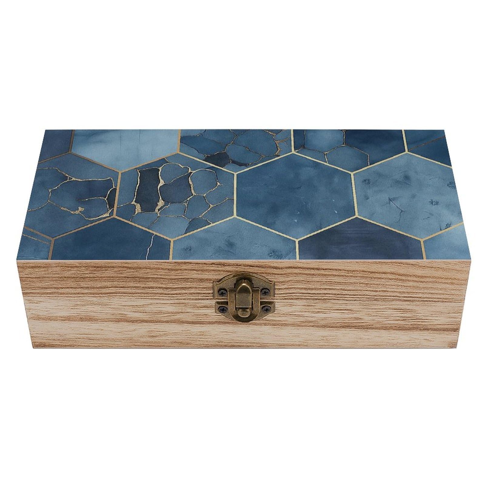 Oudrspo Luxurious Blue Hexagon Marble Retro Wooden Storage Box Keepsake Jewelry Decorative Art Storages Box Gift Boxs