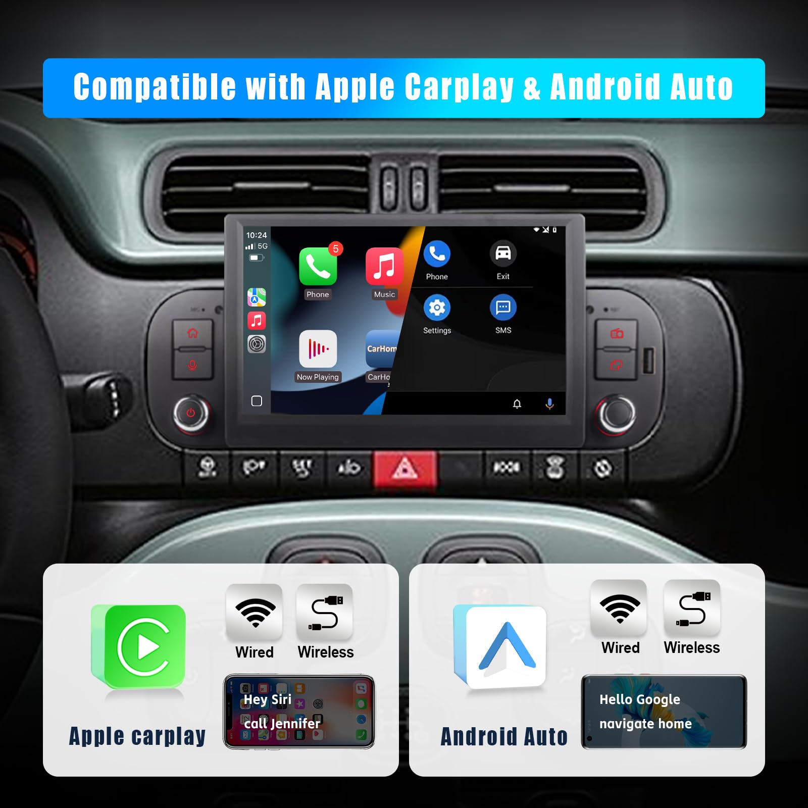 Autoradio per FIAT Panda 2013-2020 con schermo touchscreen USB Bluetooth FM/AM Linux Sistema doppio din stereo auto con Carplay wireless/Android Auto