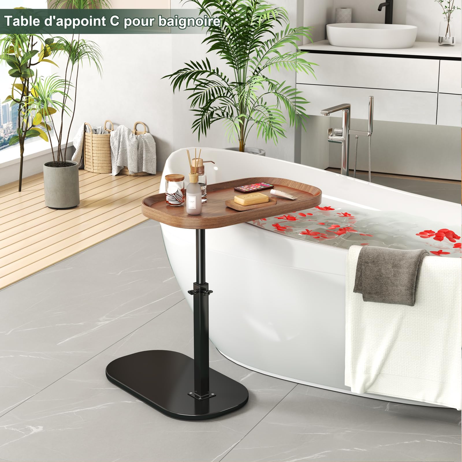 Table d'appoint en Forme de C reglable en Hauteur, 360 ° pivotante canapé Table d appoint, Mobile Petite café Moderne C Tables pour Salon/Chambre/Balcon, reglable Haute 45-80cm,Noyer