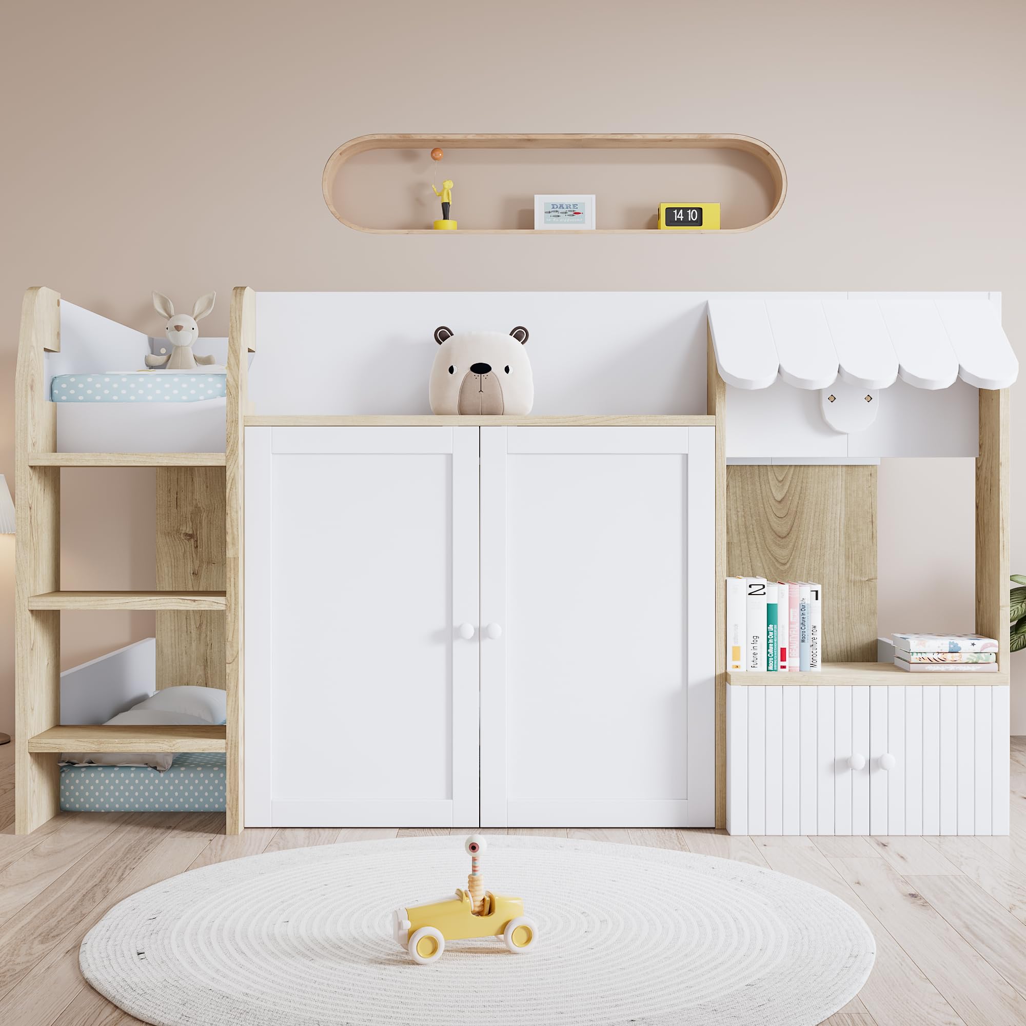 Merax Kids Single Bed Children's Mid Sleeper Bed Wooden Storage Cabin Bed Frame, with 3-Step Ladder,small Cabinets&2 Doors,Safety Guardrail, White, 90 x190 cm