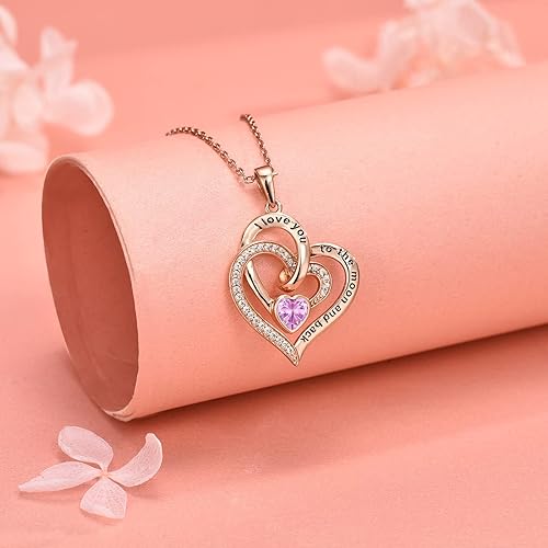 Miniatura 3 de Distance Collar de corazón para mujer, plata de ley 925, piedra natal, joyería de corazón con texto en inglés "I Love You to the Moon and Back",