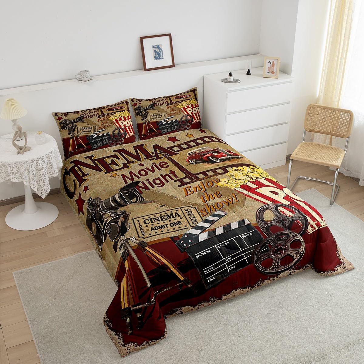 Teens Retro Cinema Comforter Set Queen Size,Movie Theater Theme Bedding Set for Kids Boys Girls Bedroom Decoration,Popcorn and Film Bed Duvet Insert,Vintage Cinema Ticket Comforter with 2 Pillowcases