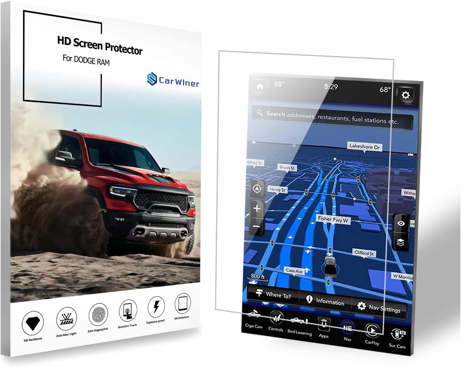 Carwiner Compatible with Dodge Ram HD Screen Protector 12 Inch 2019-2025 1500 2500 3500 Anti Glare Fingerprint Navigation Protection Tempered Glass Accessories (HD)