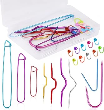 ZMAAGG 19 PCS Cable Stitch Holders, Mixed Color Aluminum Cable Needles, Bent Tapestry Needles and Safety Pin for Yarn Sewing