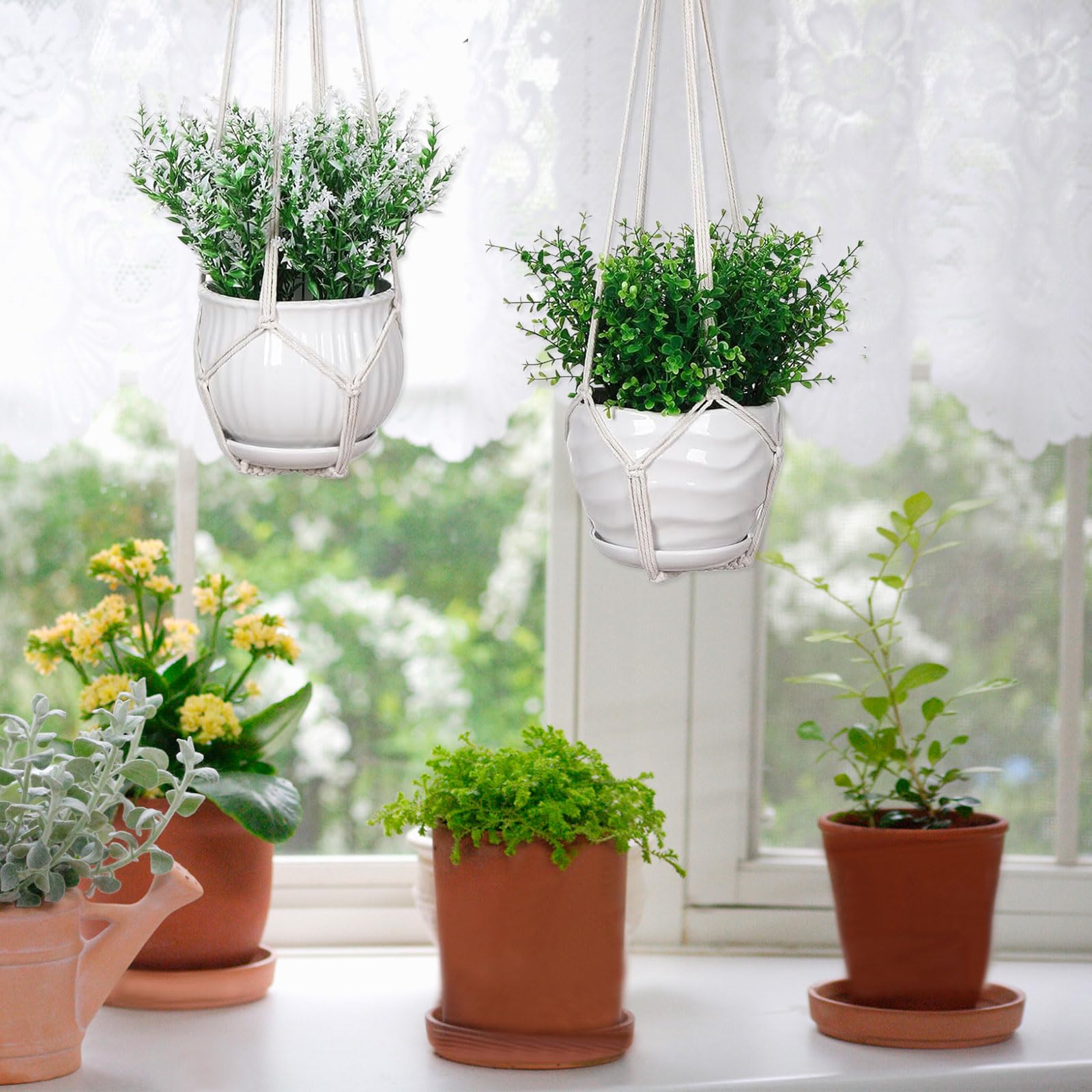 Suspensions pour Plantes en Macramé Lot de 3, Crochets Inclus, Support Intérieur Extérieur, Style Boho, Ivoire