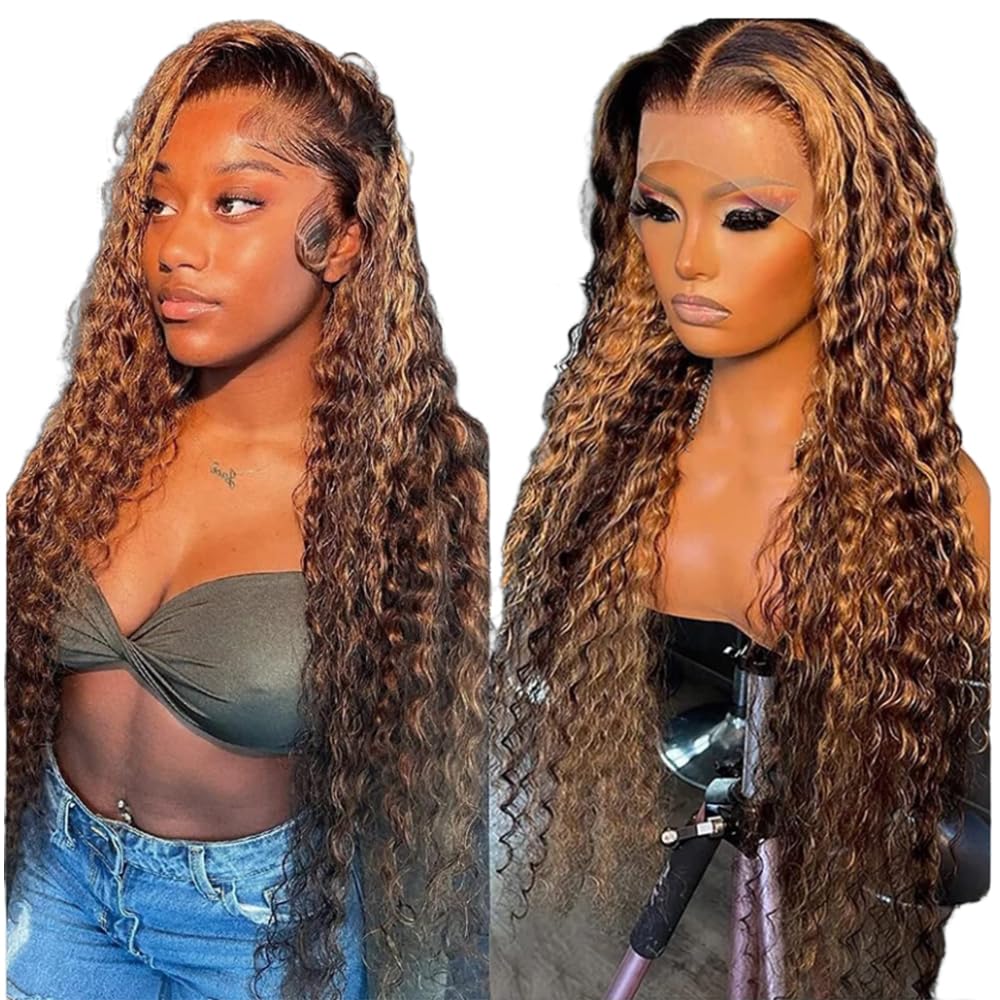 Chesma Honey Blonde Ombre Lace Front Wig - Human Hair 13x4 HD Highlight Deep Wave Lace Frontal Wigs - Glueless Wigs Pre Plucked with Baby Hair - 180