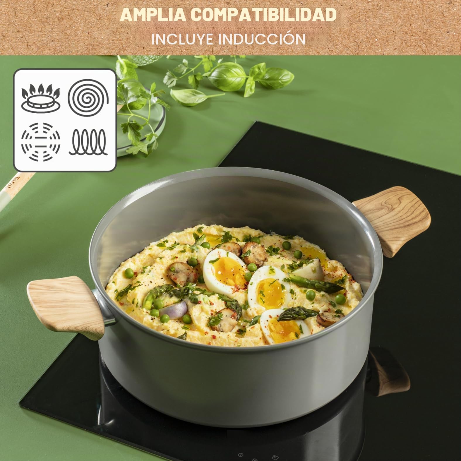 Tefal Renew - Cacerola (24 cm, revestimiento antiadherente cerámico, ecológico, reciclado, cocina saludable, termo-Signal, utensilio seguro, fabricado en Francia, todos los fuegos, incluida inducción
