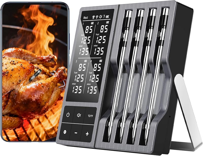 Bluetooth Wireless Meat Thermometer Digital for BBQ Grill Smoker | Instant Read Food Cooking Thermometer with Standalone Base, NIST Certified Accuracy for Air Fryer