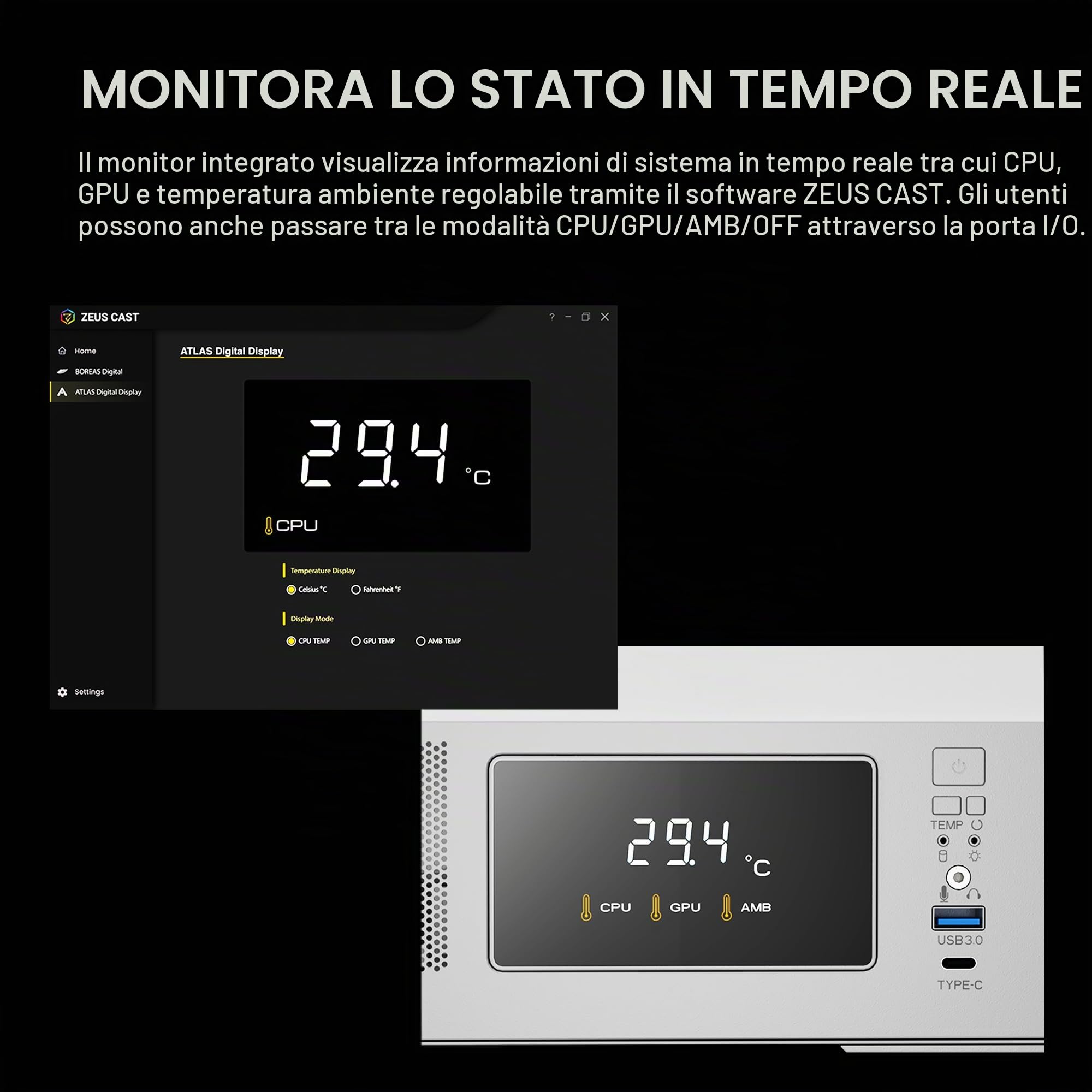 GAMDIAS ATLAS M1 WH Gaming ATX Mid Tower Computer PC Case, Monitor personalizzato w/software, 3 x 120 mm ARGB PWM Ventole (2 Aspirazione), Display panoramico in vetro temperato, camera di