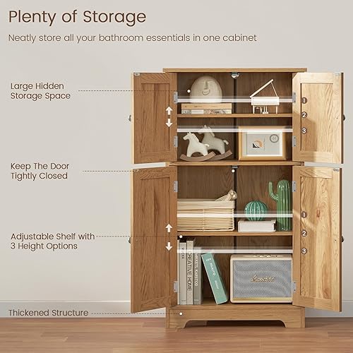 Miniatura 4 de Iwell Gabinete de almacenamiento, armario de ratán con 4 puertas de ratán y estante ajustable, gabinete de piso de baño para sala de estar, entrada,